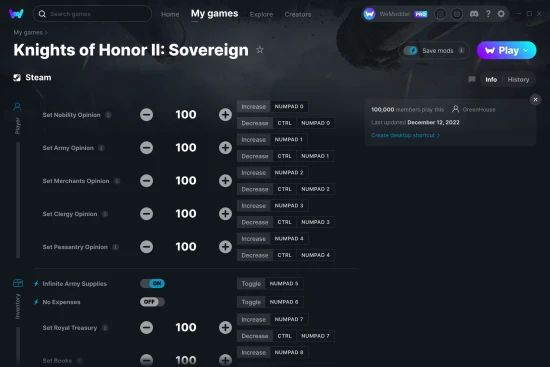 Knights of Honor II: Sovereign cheats screenshot