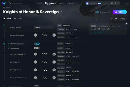 Knights of Honor II: Sovereign cheats screenshot