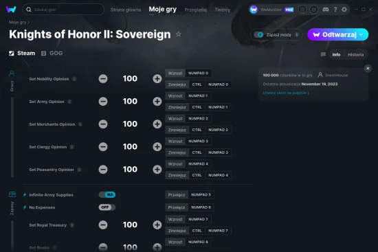 cheaty Knights of Honor II: Sovereign zrzut ekranu