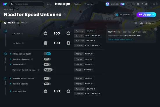 Captura de tela de cheats do Need for Speed Unbound