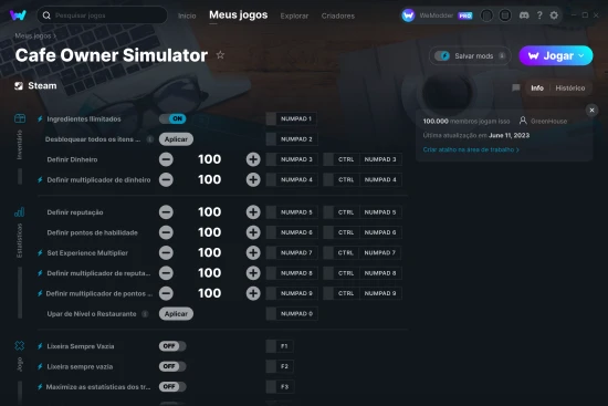 Captura de tela de cheats do Cafe Owner Simulator