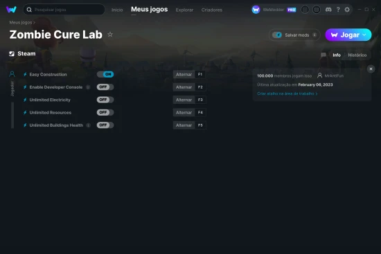Captura de tela de cheats do Zombie Cure Lab