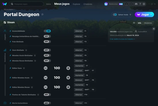 Captura de tela de cheats do Portal Dungeon