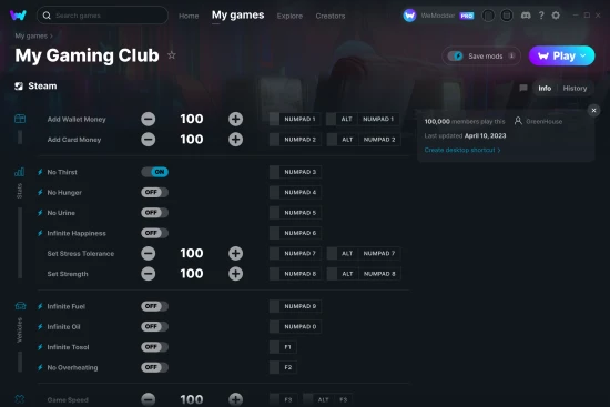 My Gaming Club cheats screenshot