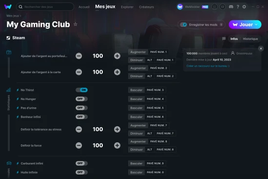 Capture d'écran de triches de My Gaming Club