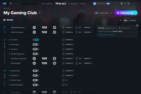 cheaty My Gaming Club zrzut ekranu