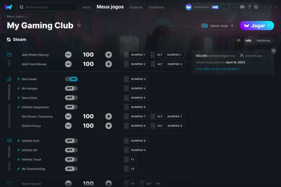 Captura de tela de cheats do My Gaming Club