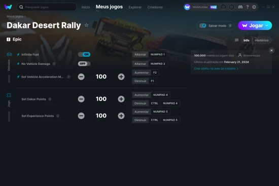 Captura de tela de cheats do Dakar Desert Rally