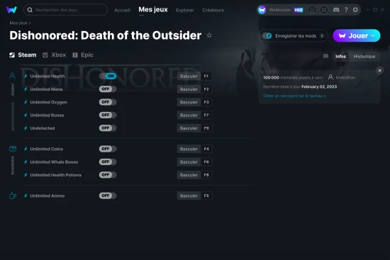 Capture d'écran de triches de Dishonored: Death of the Outsider