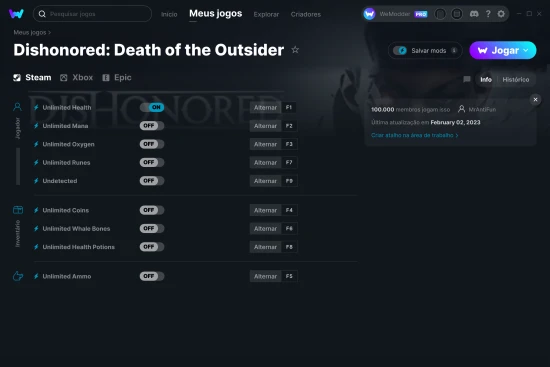 Captura de tela de cheats do Dishonored: Death of the Outsider