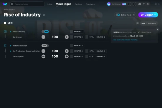 Captura de tela de cheats do Rise of Industry
