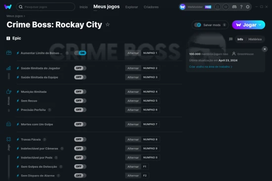 Captura de tela de cheats do Crime Boss: Rockay City