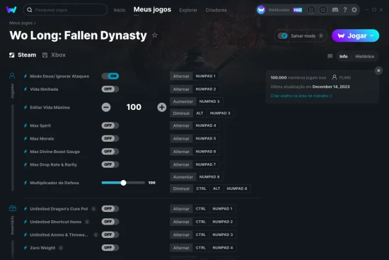 Captura de tela de cheats do Wo Long: Fallen Dynasty