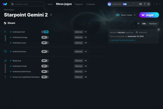 Captura de tela de cheats do Starpoint Gemini 2
