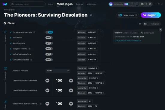 Captura de tela de cheats do The Pioneers: Surviving Desolation