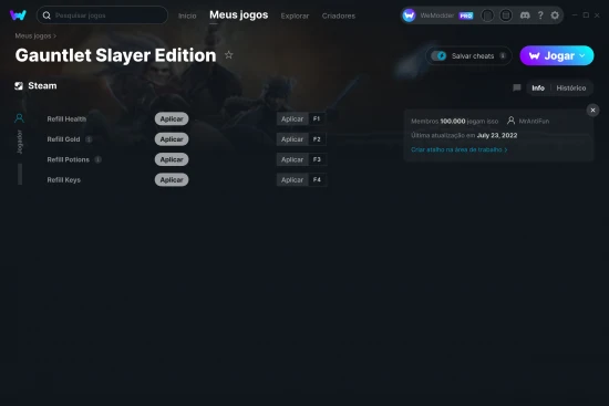 Captura de tela de cheats do Gauntlet Slayer Edition