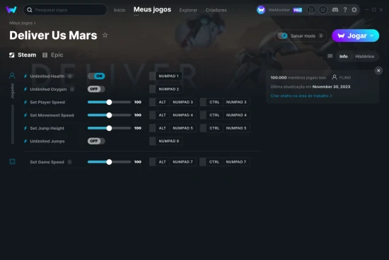 Captura de tela de cheats do Deliver Us Mars