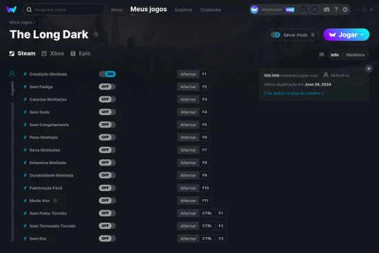 Captura de tela de cheats do The Long Dark