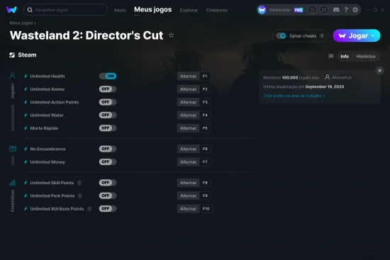 Captura de tela de cheats do Wasteland 2: Director's Cut