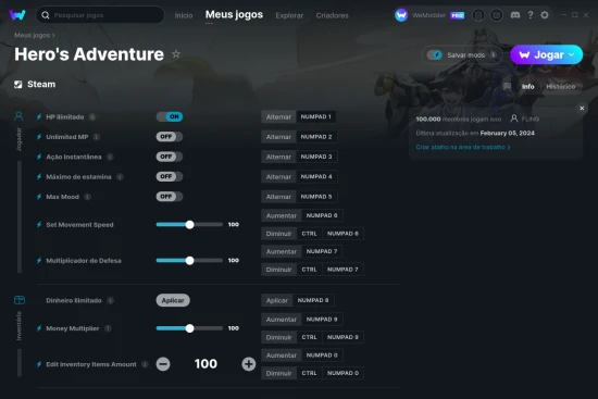 Captura de tela de cheats do Hero's Adventure