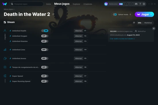 Captura de tela de cheats do Death in the Water 2