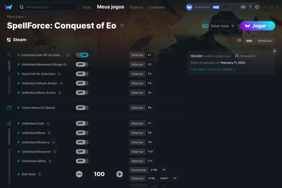 Captura de tela de cheats do SpellForce: Conquest of Eo