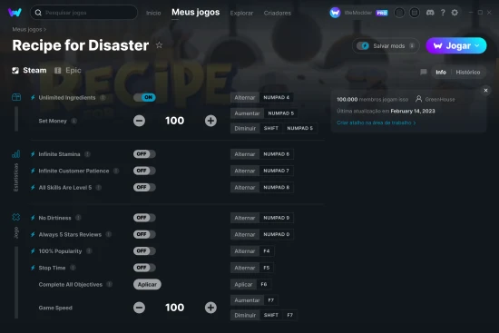 Captura de tela de cheats do Recipe for Disaster