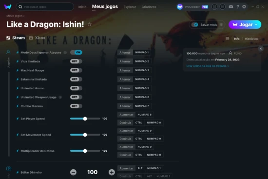 Captura de tela de cheats do Like a Dragon: Ishin!