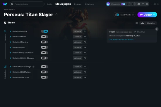Captura de tela de cheats do Perseus: Titan Slayer