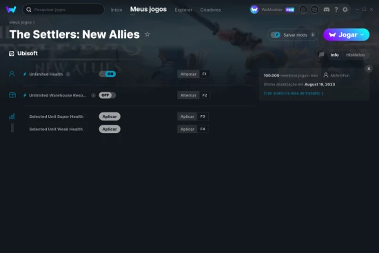Captura de tela de cheats do The Settlers: New Allies