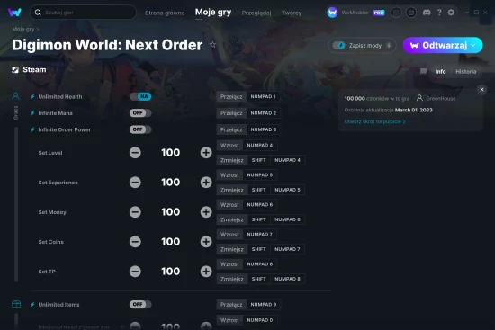 cheaty Digimon World: Next Order zrzut ekranu