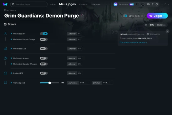 Captura de tela de cheats do Grim Guardians: Demon Purge