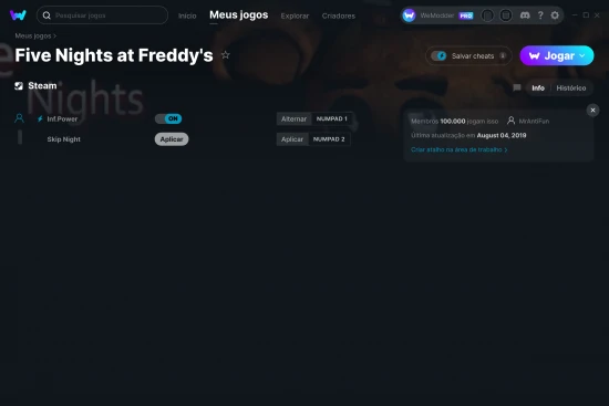 Captura de tela de cheats do Five Nights at Freddy's