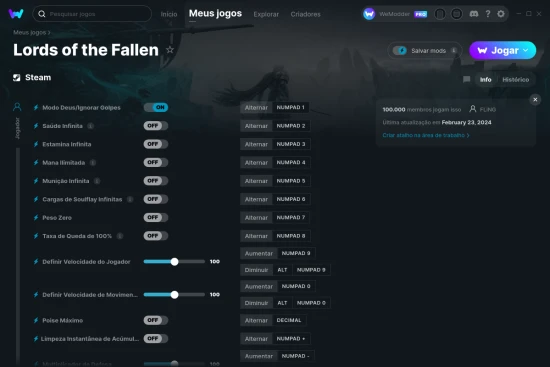 Captura de tela de cheats do Lords of the Fallen