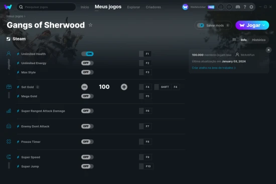 Captura de tela de cheats do Gangs of Sherwood