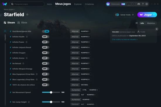 Captura de tela de cheats do Starfield