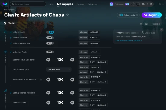 Captura de tela de cheats do Clash: Artifacts of Chaos