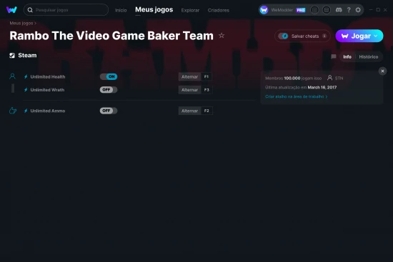Captura de tela de cheats do Rambo The Video Game Baker Team