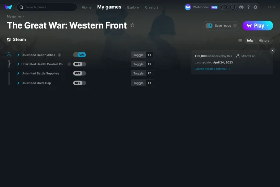 The Great War: Western Front cheats screenshot