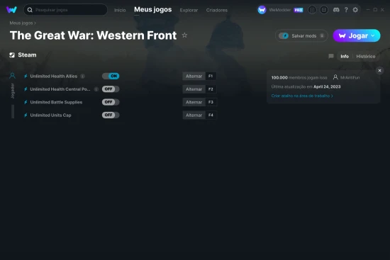 Captura de tela de cheats do The Great War: Western Front