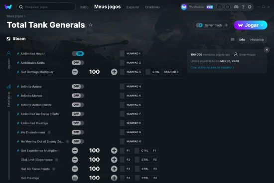 Captura de tela de cheats do Total Tank Generals