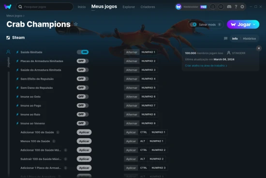 Captura de tela de cheats do Crab Champions