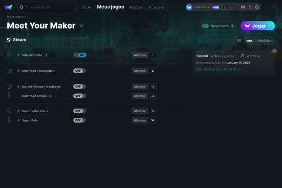 Captura de tela de cheats do Meet Your Maker