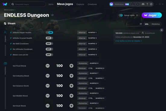 Captura de tela de cheats do ENDLESS Dungeon
