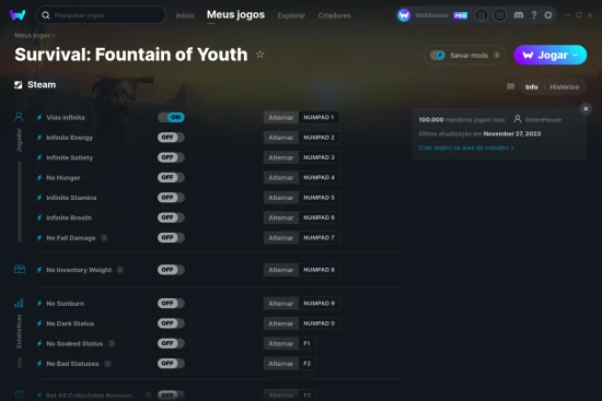 Captura de tela de cheats do Survival: Fountain of Youth
