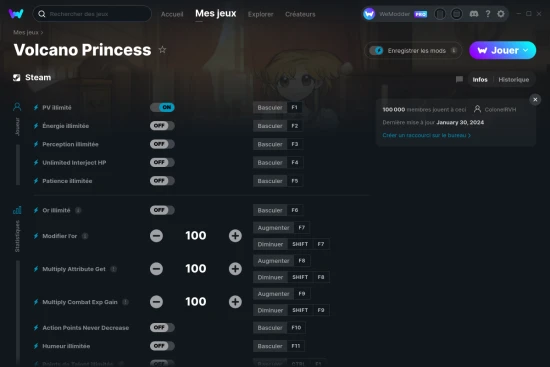 Capture d'écran de triches de Volcano Princess