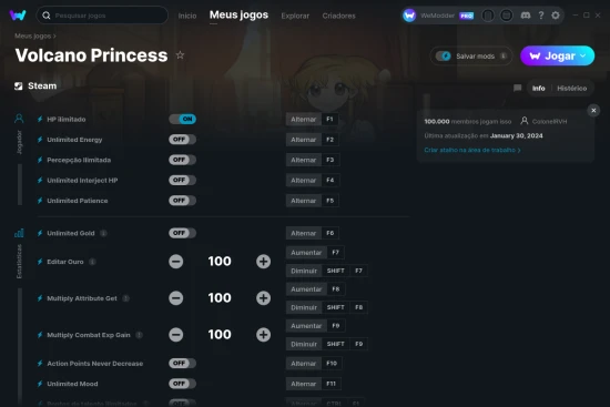 Captura de tela de cheats do Volcano Princess