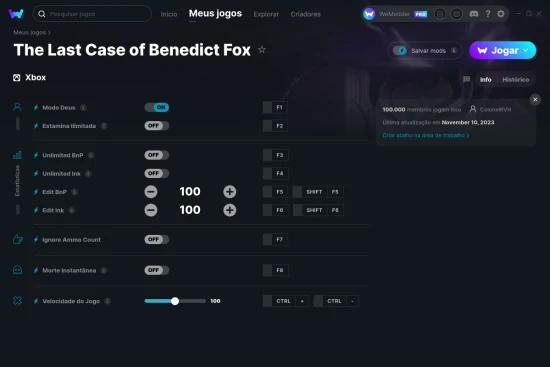 Captura de tela de cheats do The Last Case of Benedict Fox