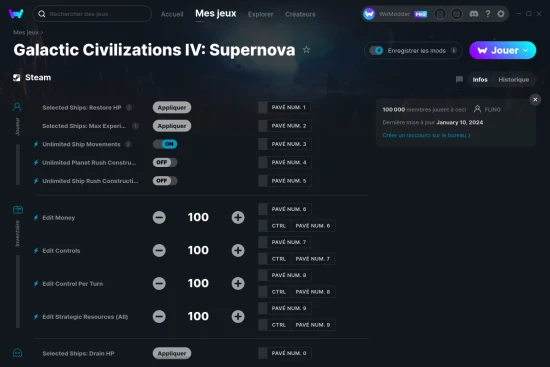Capture d'écran de triches de Galactic Civilizations IV: Supernova
