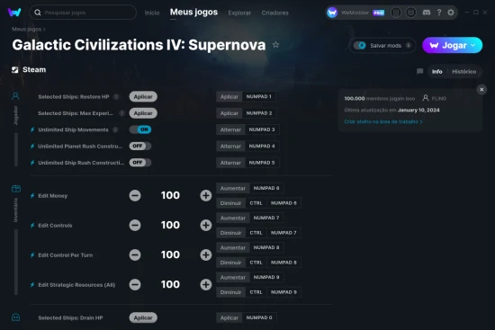 Captura de tela de cheats do Galactic Civilizations IV: Supernova